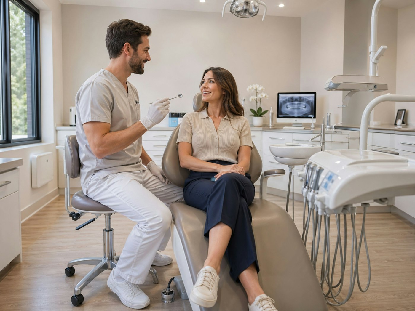 Dentist chatting with a relaxed patient in a bright, modern treatment room
